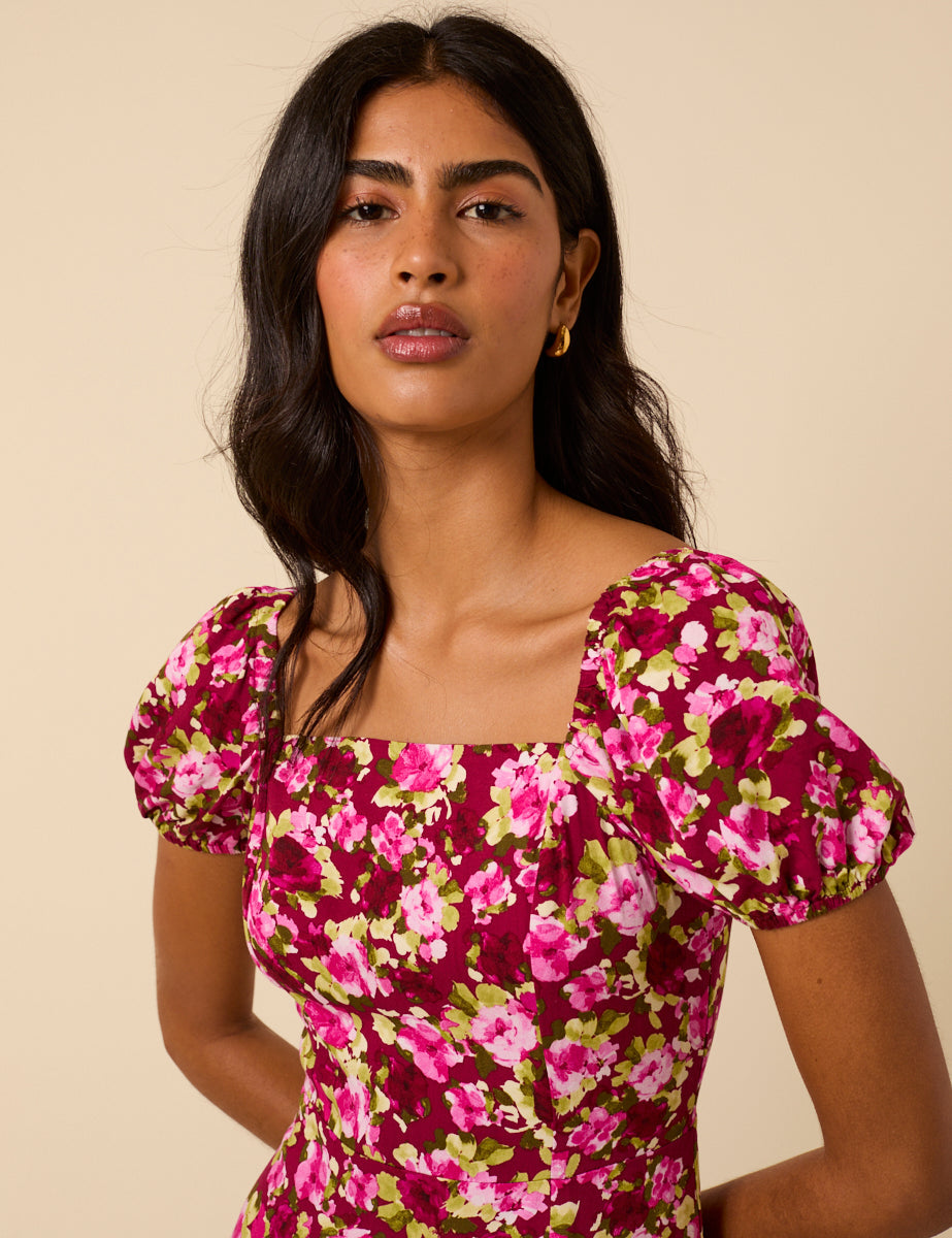 Pink Floral Leith Puff Sleeve Midi Dress