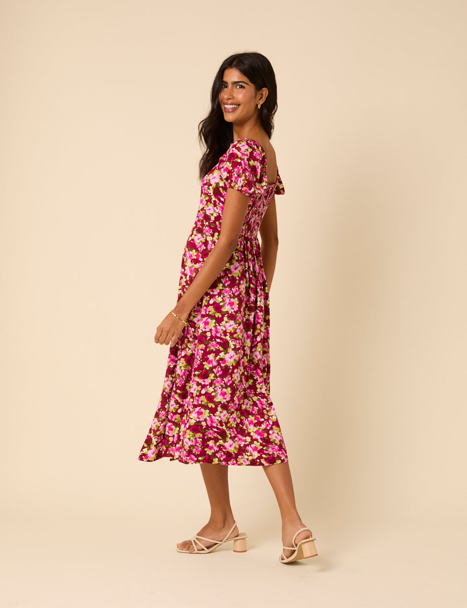 Pink Floral Leith Puff Sleeve Midi Dress