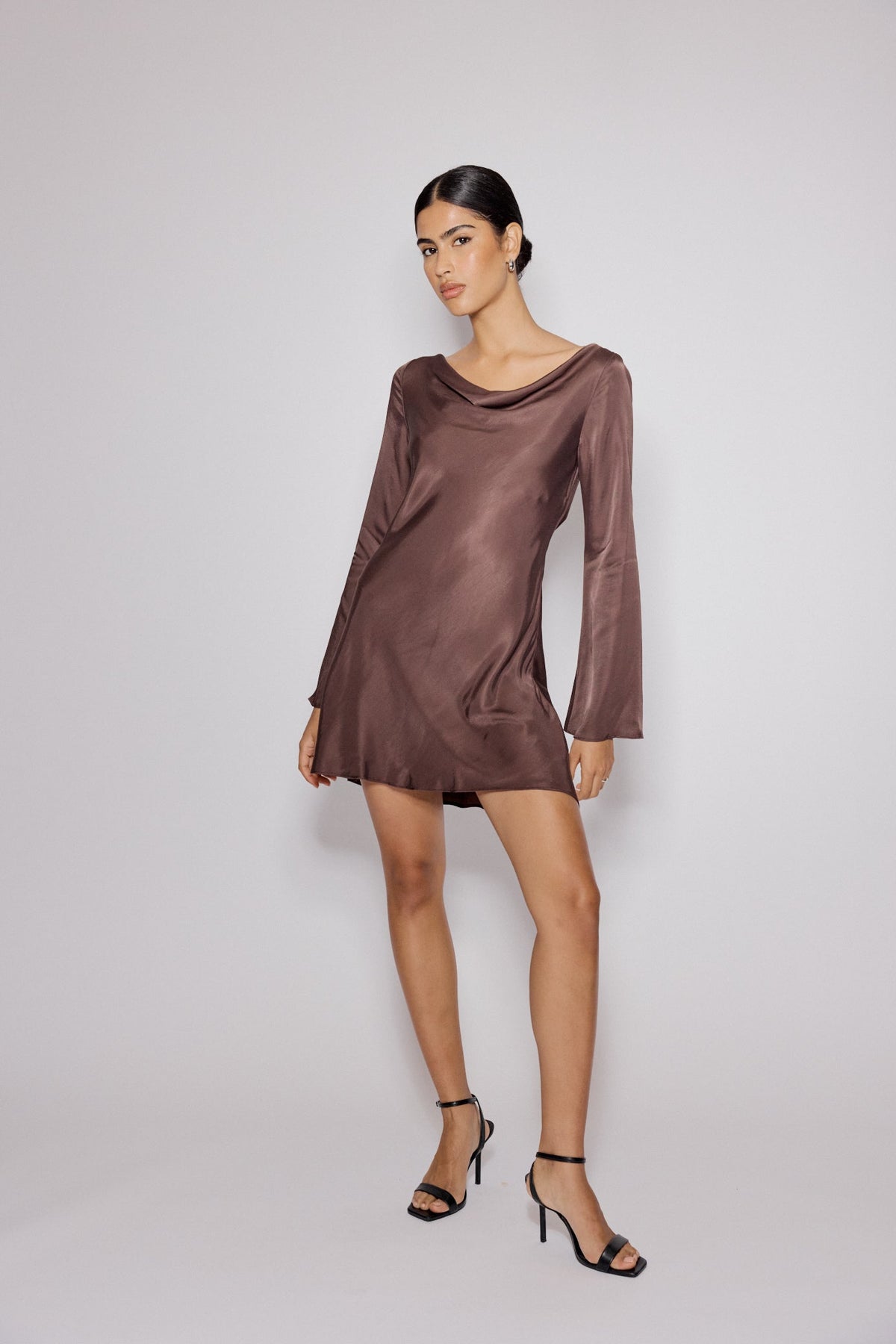 Brown Satin Cowl Neck Leighton Mini Dress