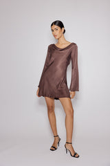 Brown Satin Cowl Neck Leighton Mini Dress