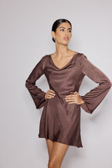 Brown Satin Cowl Neck Leighton Mini Dress