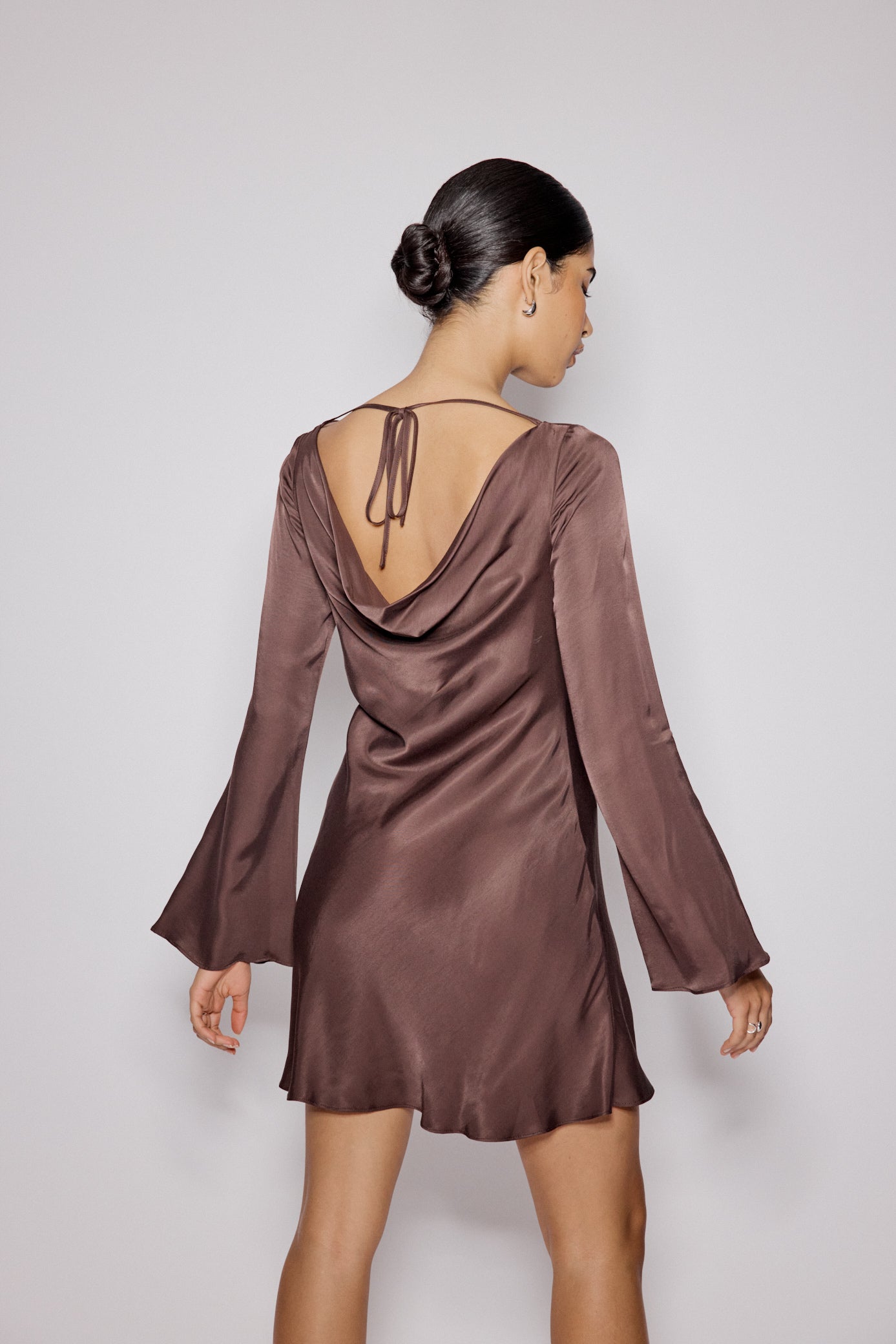 Brown Satin Cowl Neck Leighton Mini Dress
