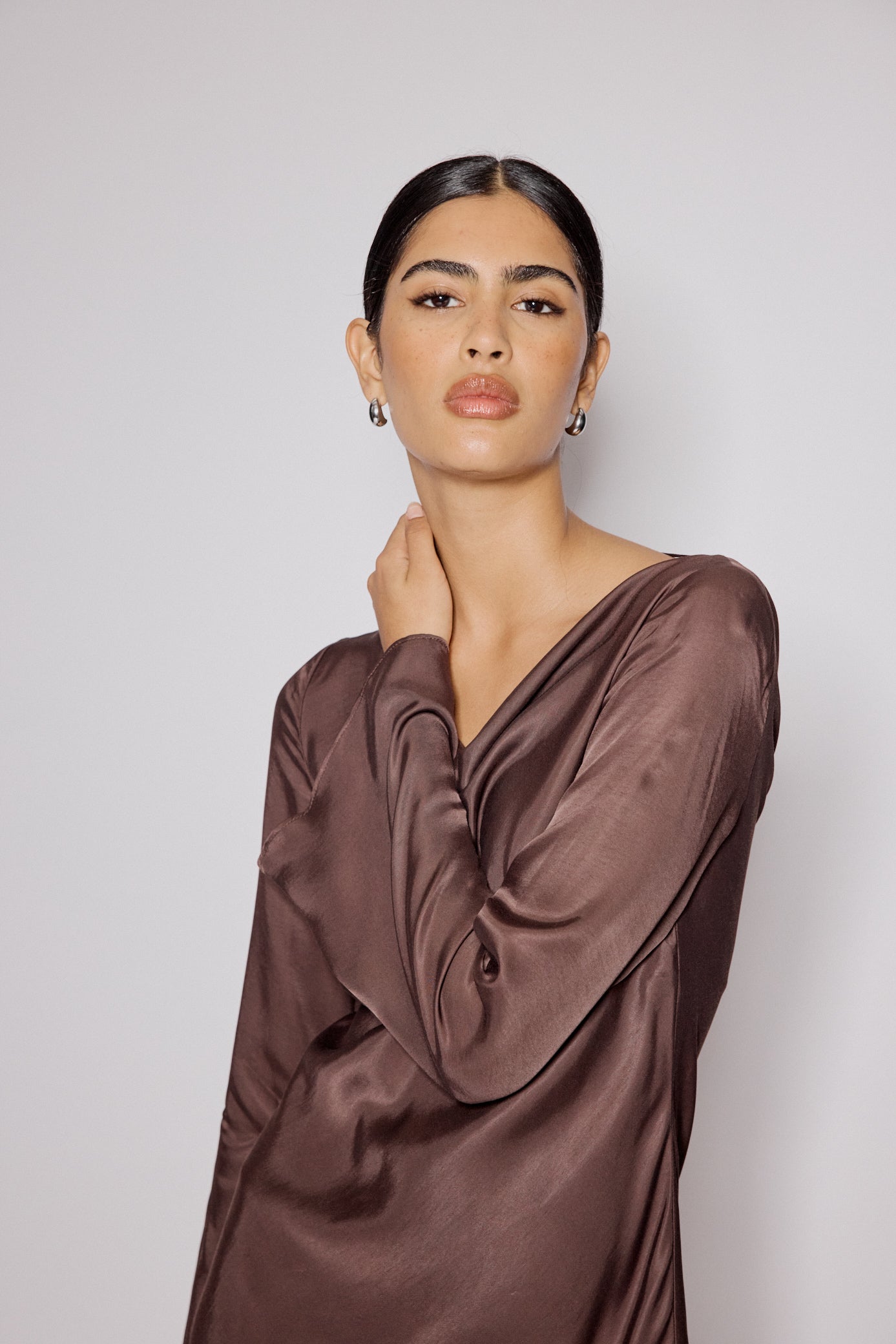 Brown Satin Cowl Neck Leighton Mini Dress