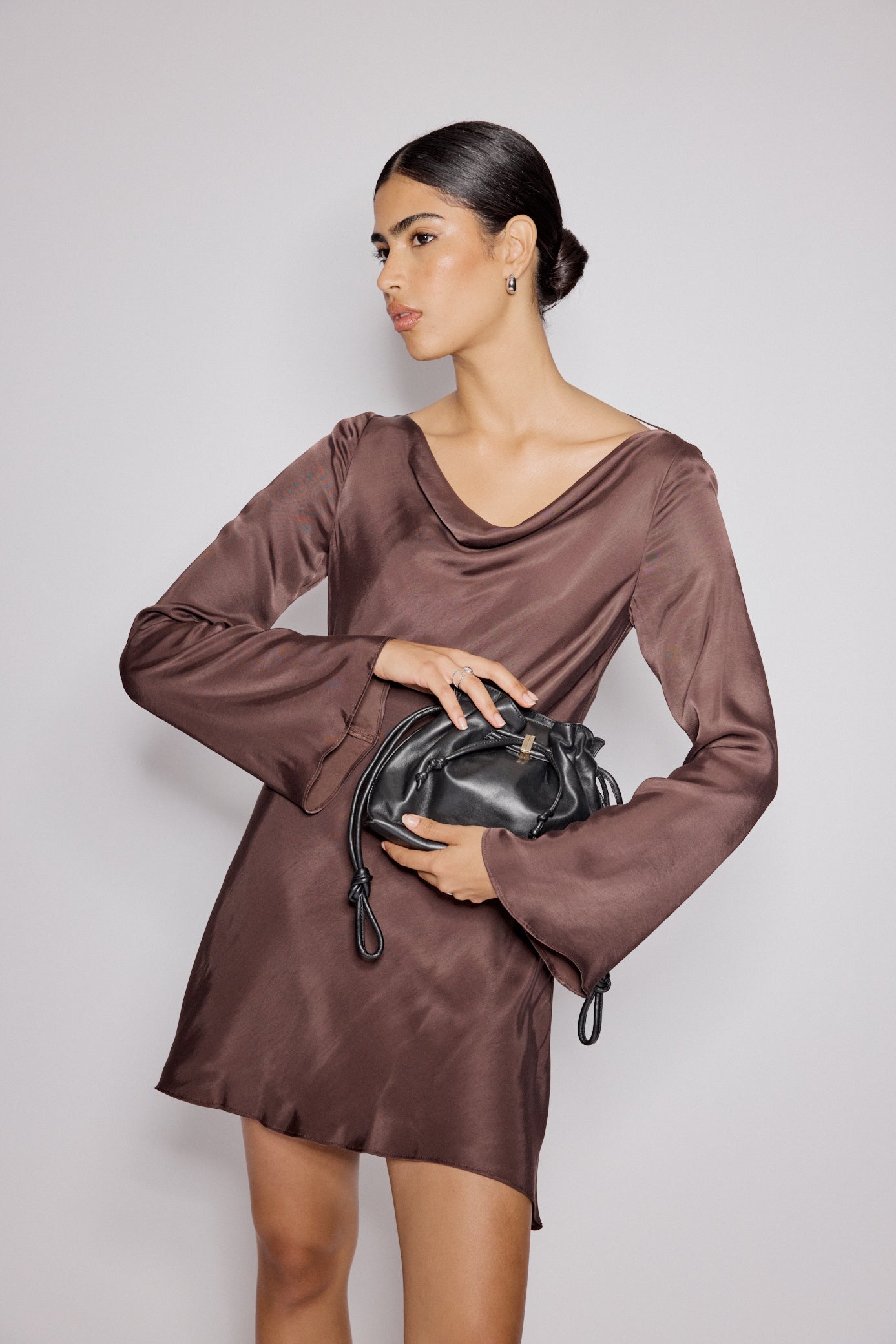 Brown Satin Cowl Neck Leighton Mini Dress