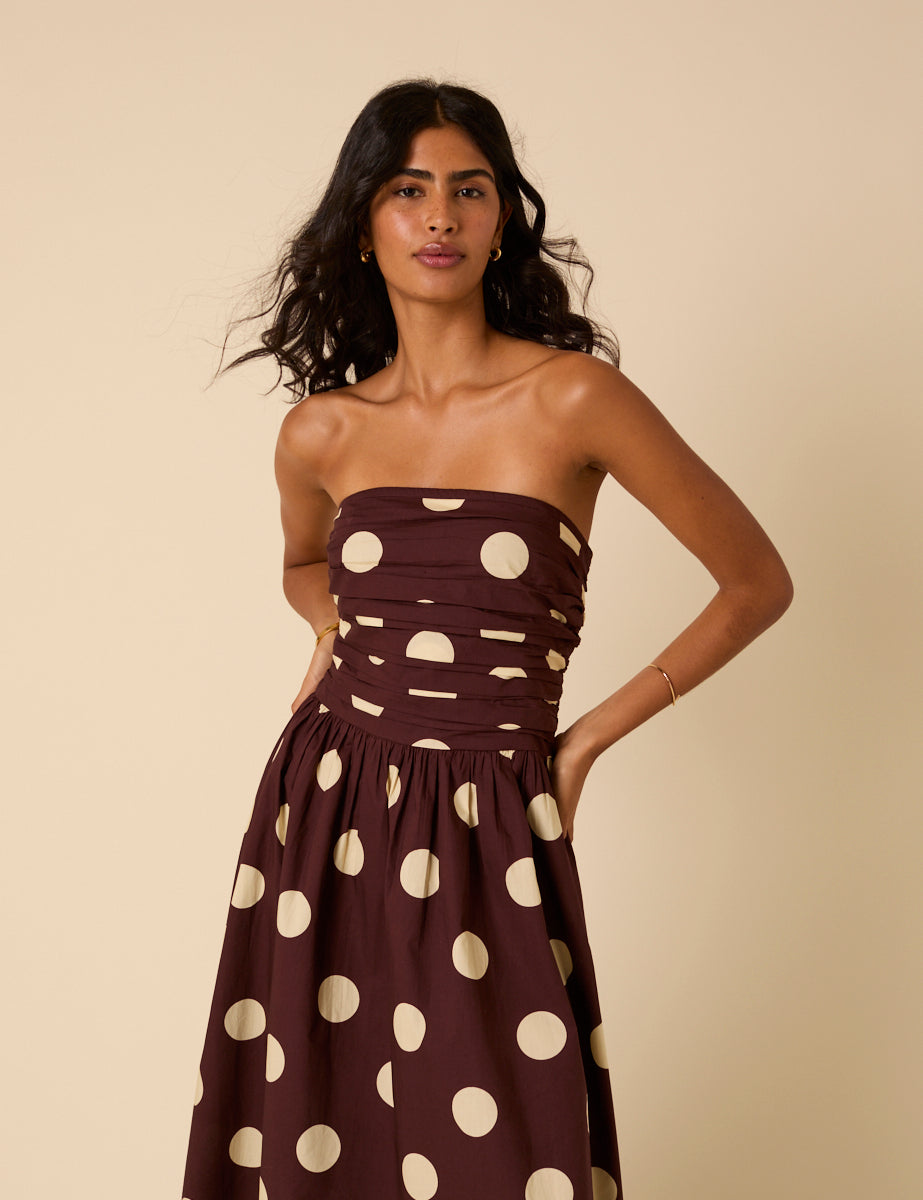 Brown Polka Dot Bandeau Felicity Midi Dress