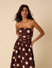Brown Polka Dot Bandeau Felicity Midi Dress