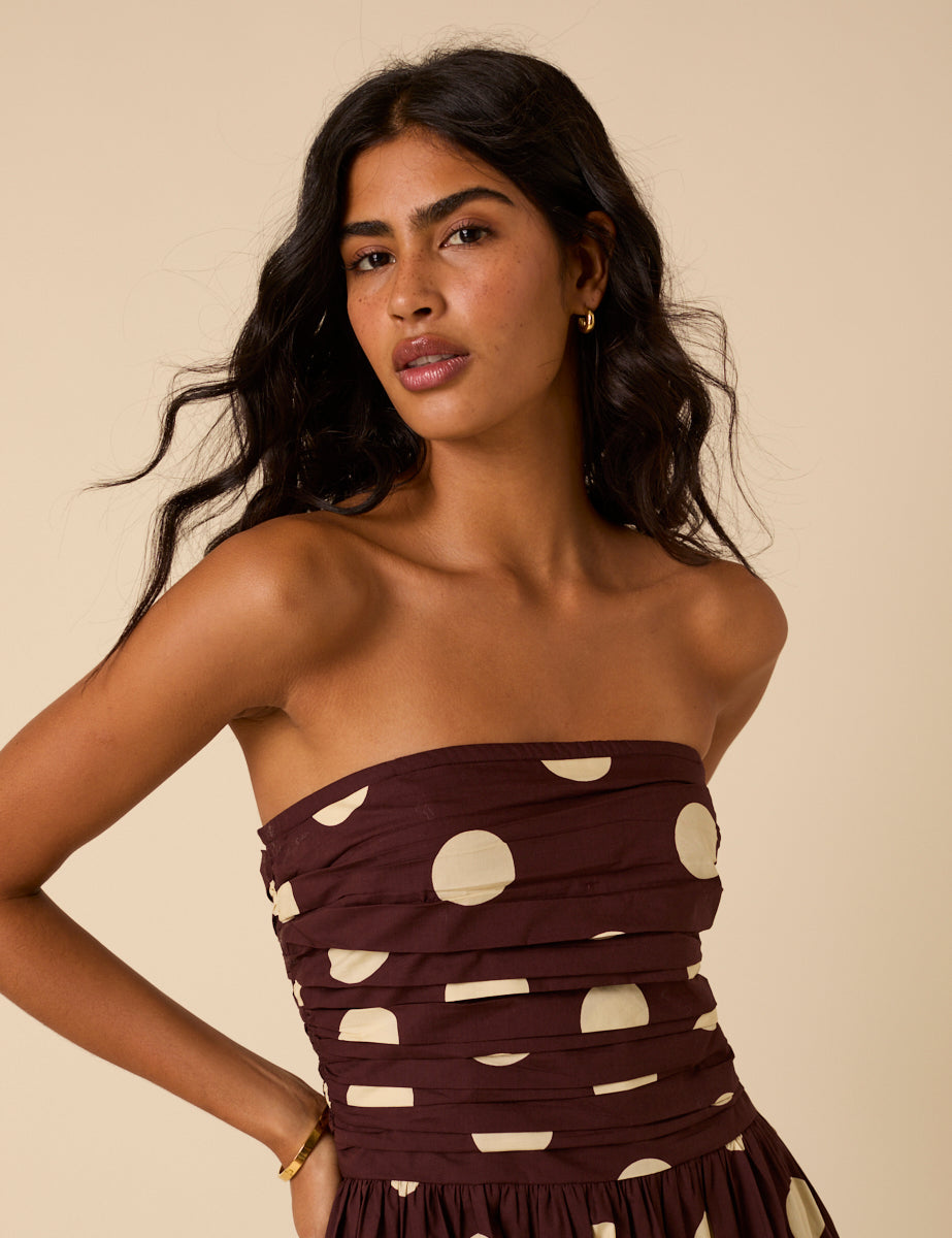 Brown Polka Dot Bandeau Felicity Midi Dress