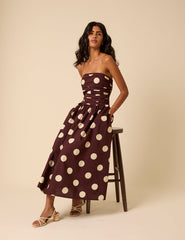 Brown Polka Dot Bandeau Felicity Midi Dress