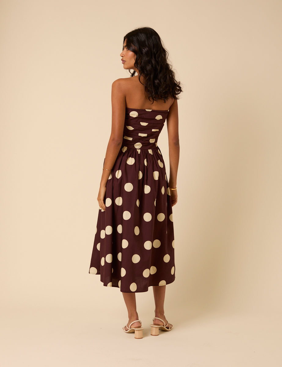 Brown Polka Dot Bandeau Felicity Midi Dress