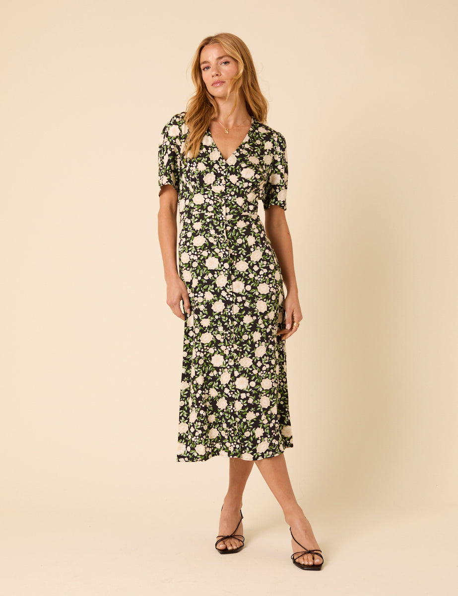 Black Floral Alexa Midi Dress