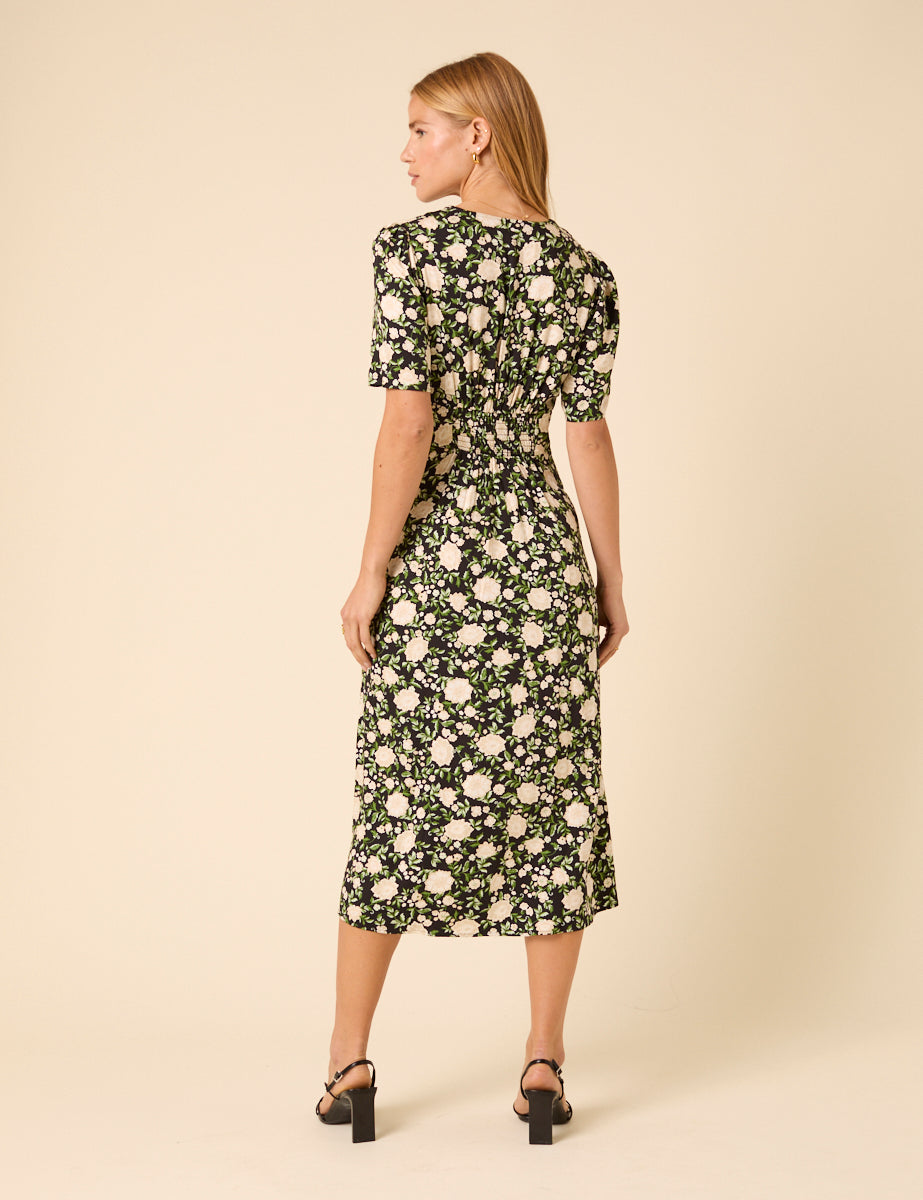Black Floral Alexa Midi Dress
