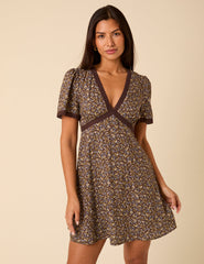 Brown Floral Lace Trim Kharian Mini Dress