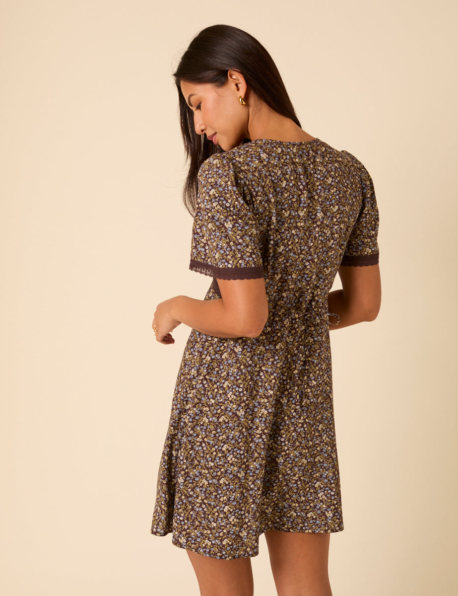 Brown Floral Lace Trim Kharian Mini Dress