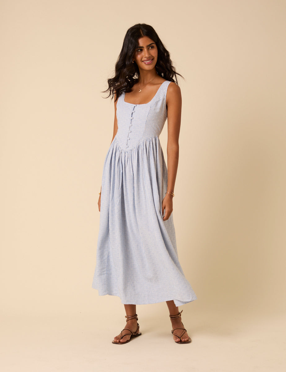 Blue Pinstripe Linen-blend Cora Midi Dress