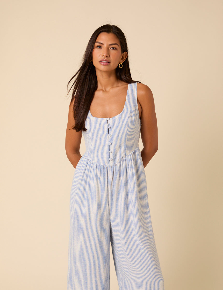 Blue Pinstripe Linen-blend Cora Jumpsuit