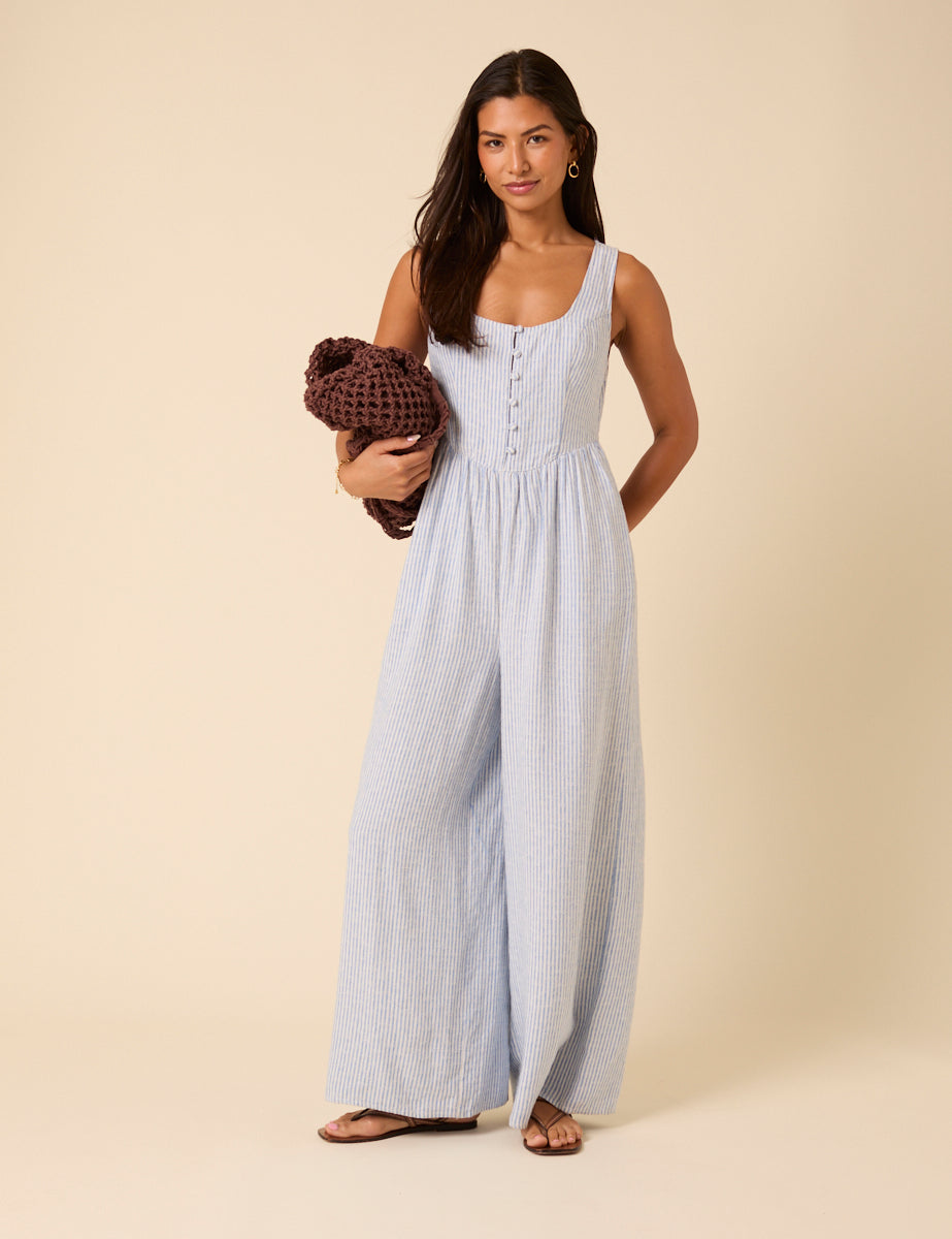 Blue Pinstripe Linen-blend Cora Jumpsuit