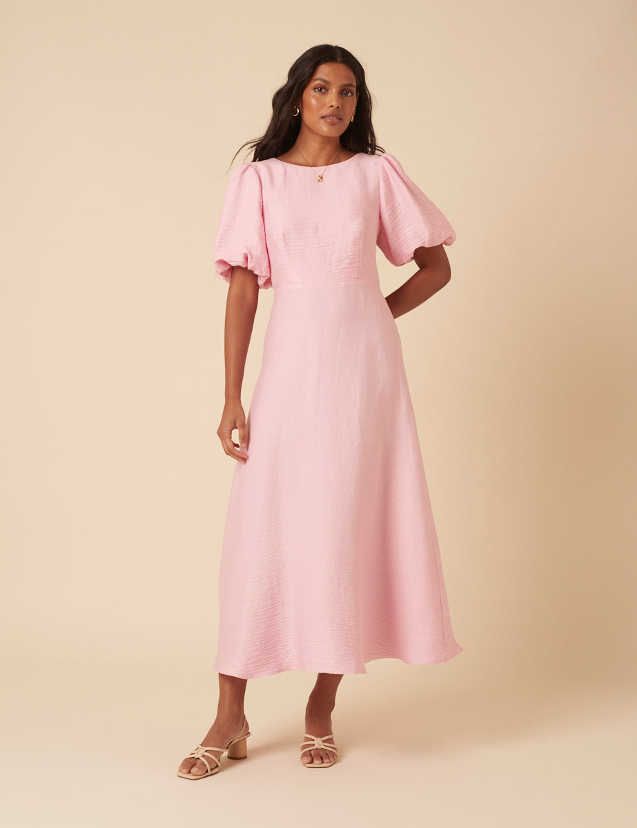 Baby Pink Puff Sleeve Zola Midi Dress