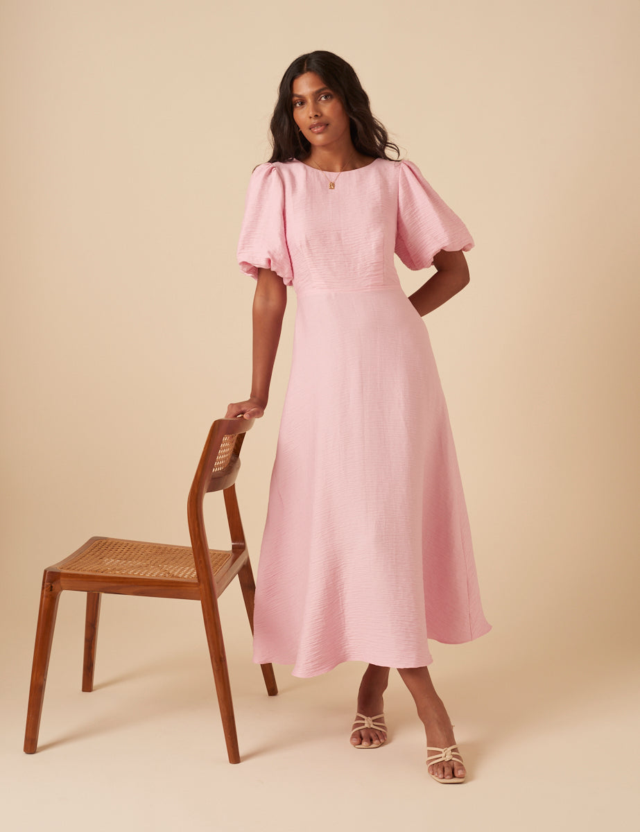 Baby Pink Puff Sleeve Zola Midi Dress