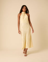 Butter Yellow Floral Jacquard Tie Neck Fifi Midi Dress