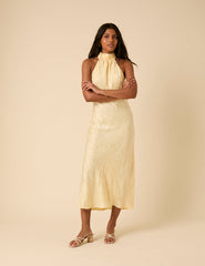 Butter Yellow Floral Jacquard Tie Neck Fifi Midi Dress