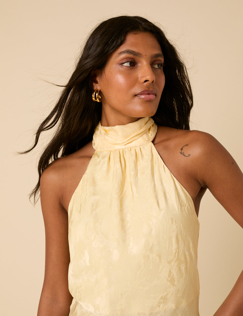 Butter Yellow Floral Jacquard Tie Neck Fifi Midi Dress