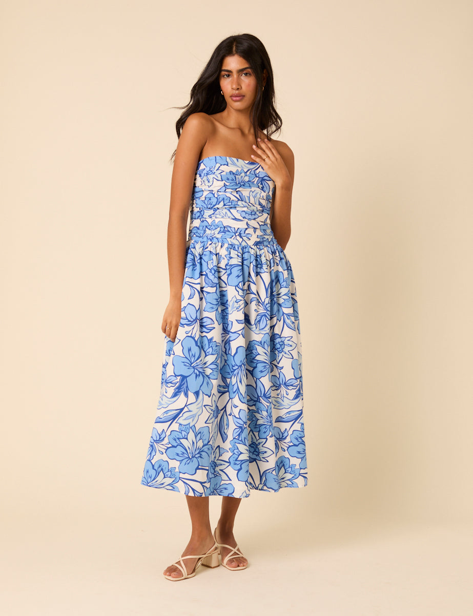 Blue Floral Bandeau Felicity Midi Dress