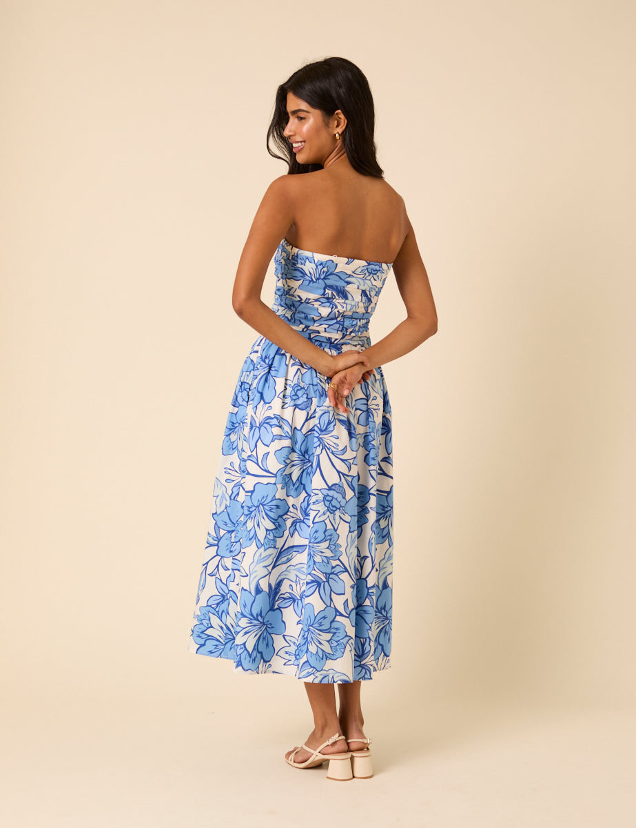 Blue Floral Bandeau Felicity Midi Dress