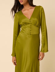 Olive Green Satin Long Sleeve Stella Midi Dress