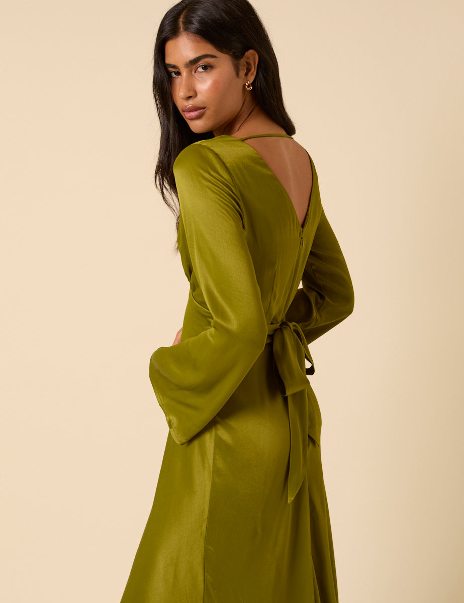 Olive Green Satin Long Sleeve Stella Midi Dress