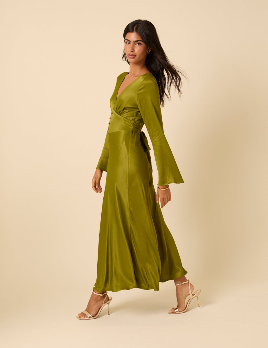 Olive Green Satin Long Sleeve Stella Midi Dress