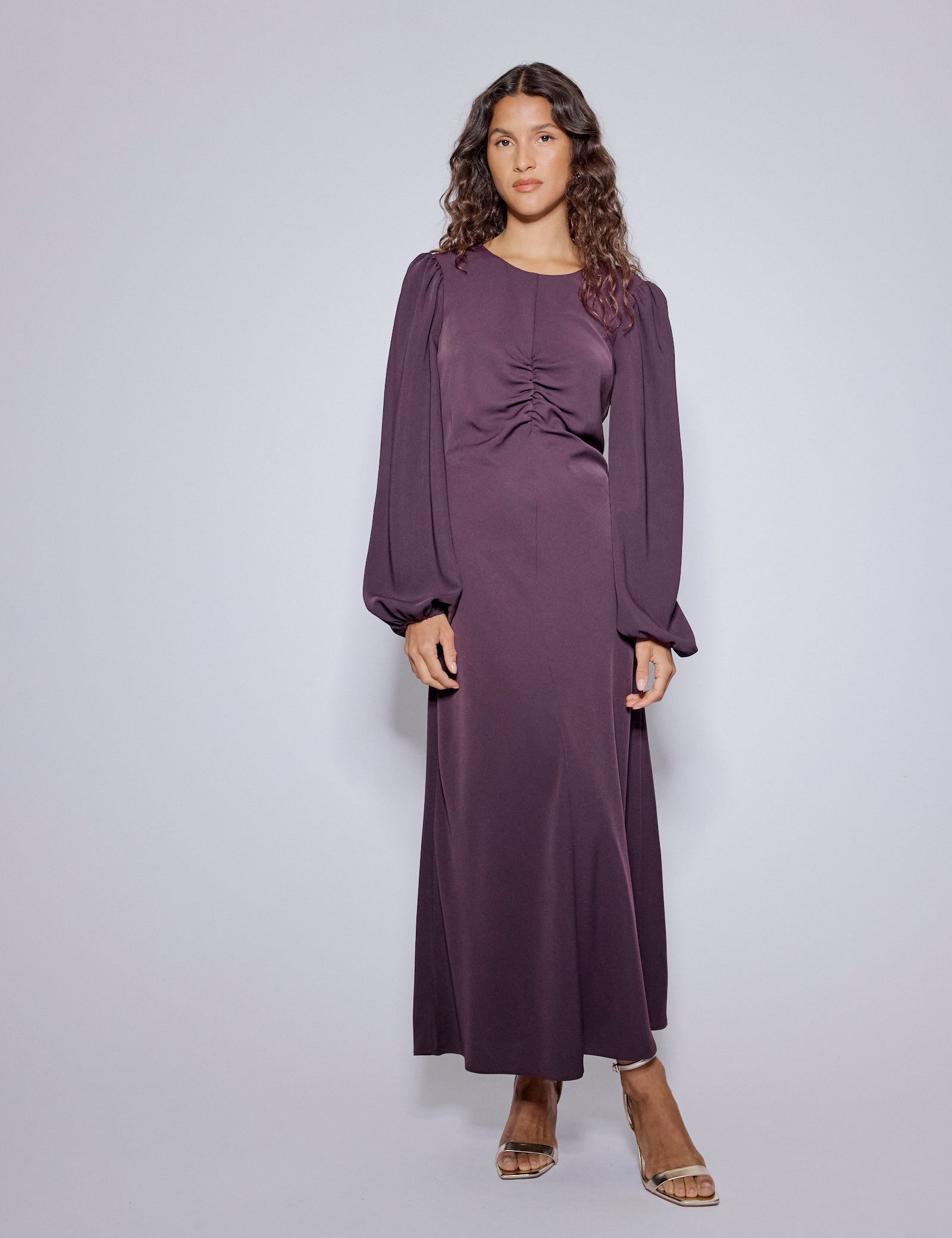 Purple Balloon Sleeve Blair Midi Dress