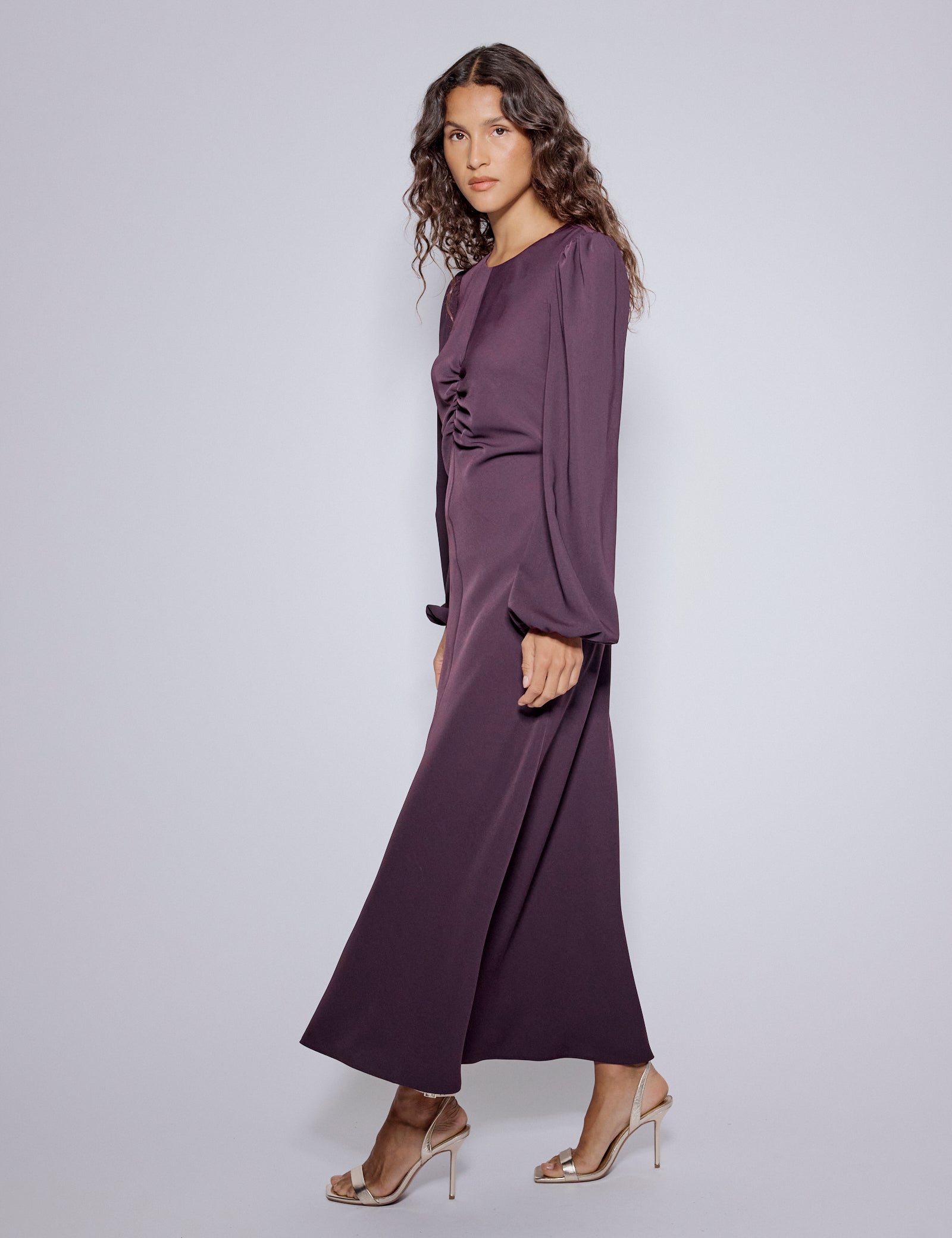 Purple Balloon Sleeve Blair Midi Dress
