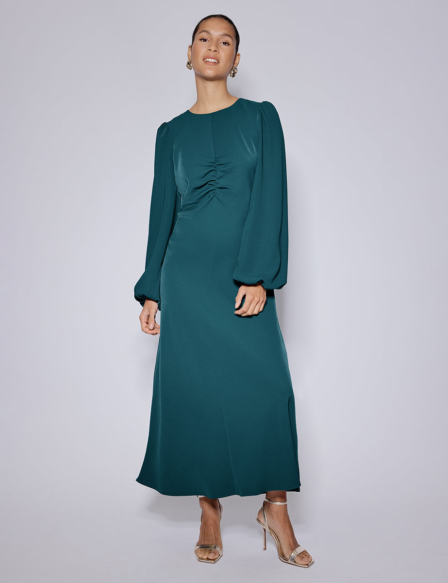 Turquoise Green Balloon Sleeve Blair Midi Dress