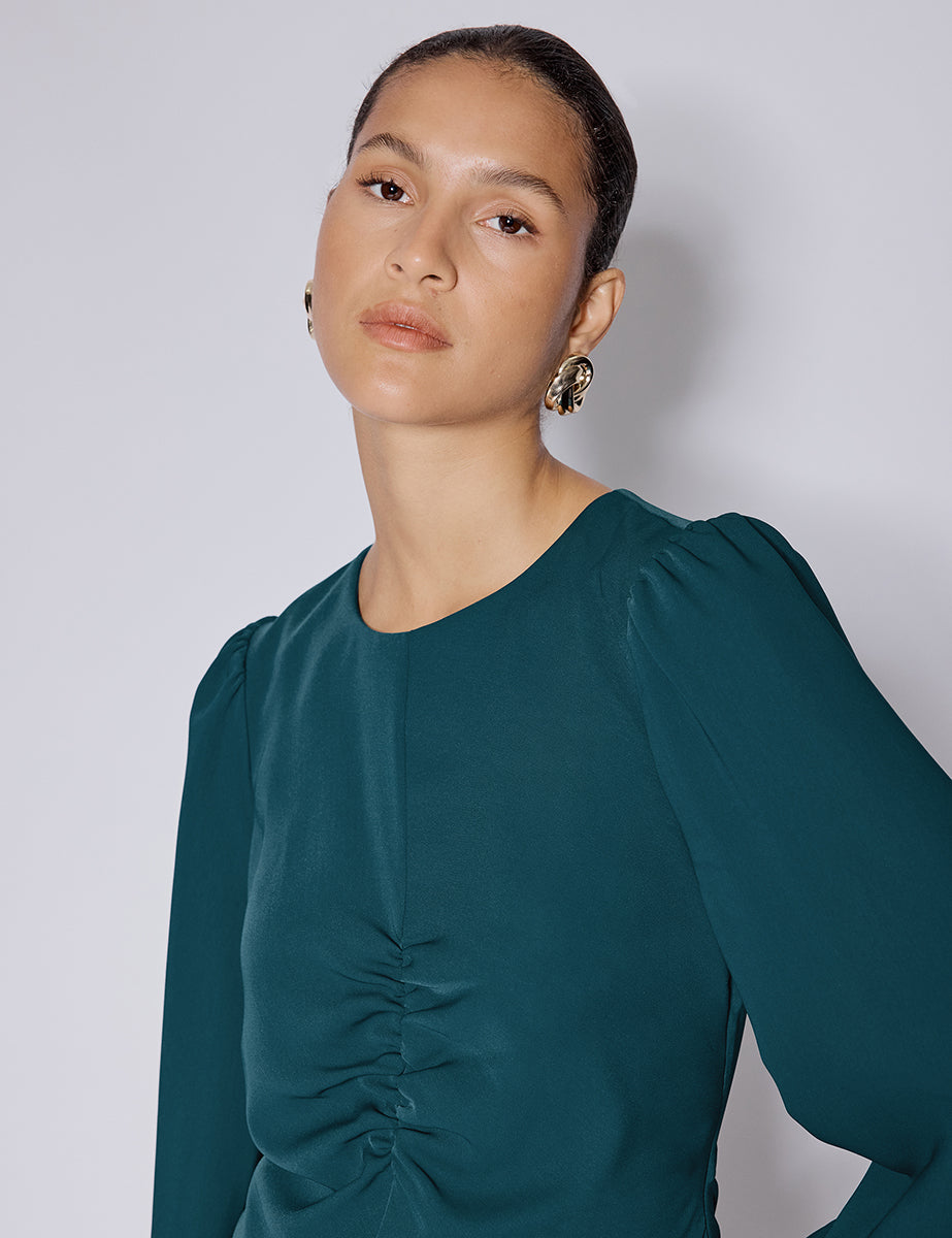 Turquoise Green Balloon Sleeve Blair Midi Dress
