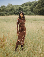 Brown Floral Jersey Draped Laurella Midi Dress