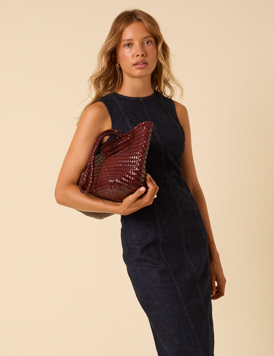 Ellyla Burgundy Woven Leather Tote Bag