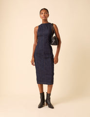 Dark Blue Denim Sleeveless Stretch Column Midi Dress