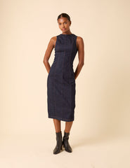 Dark Blue Denim Sleeveless Stretch Column Midi Dress