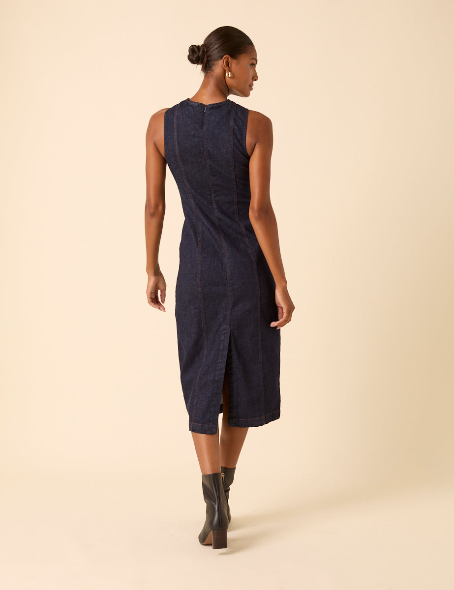 Dark Blue Denim Sleeveless Stretch Column Midi Dress