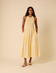 Butter Yellow Shirred Halter Neck Tizzy Midi Dress