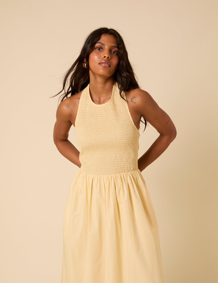 Butter Yellow Shirred Halter Neck Tizzy Midi Dress