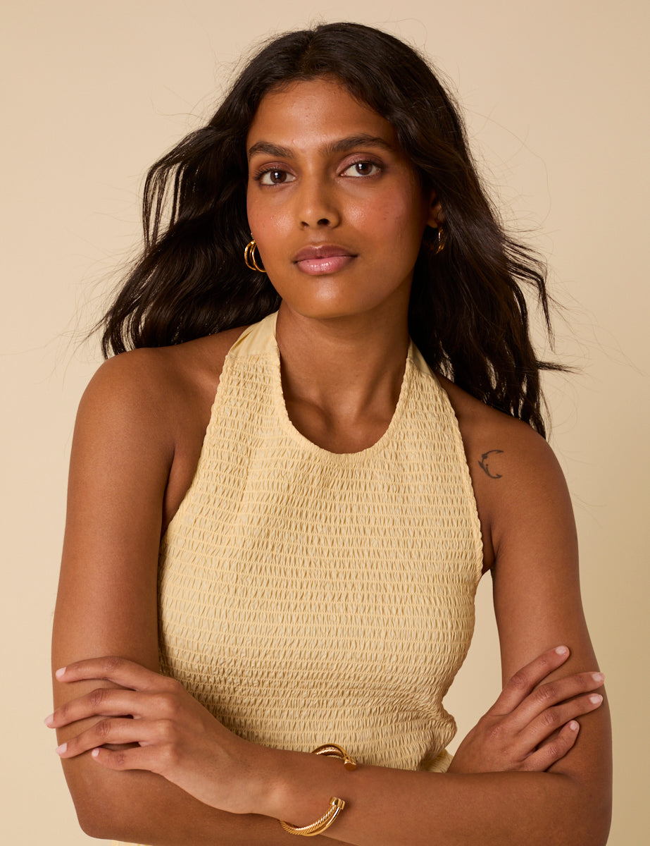 Butter Yellow Shirred Halter Neck Tizzy Midi Dress