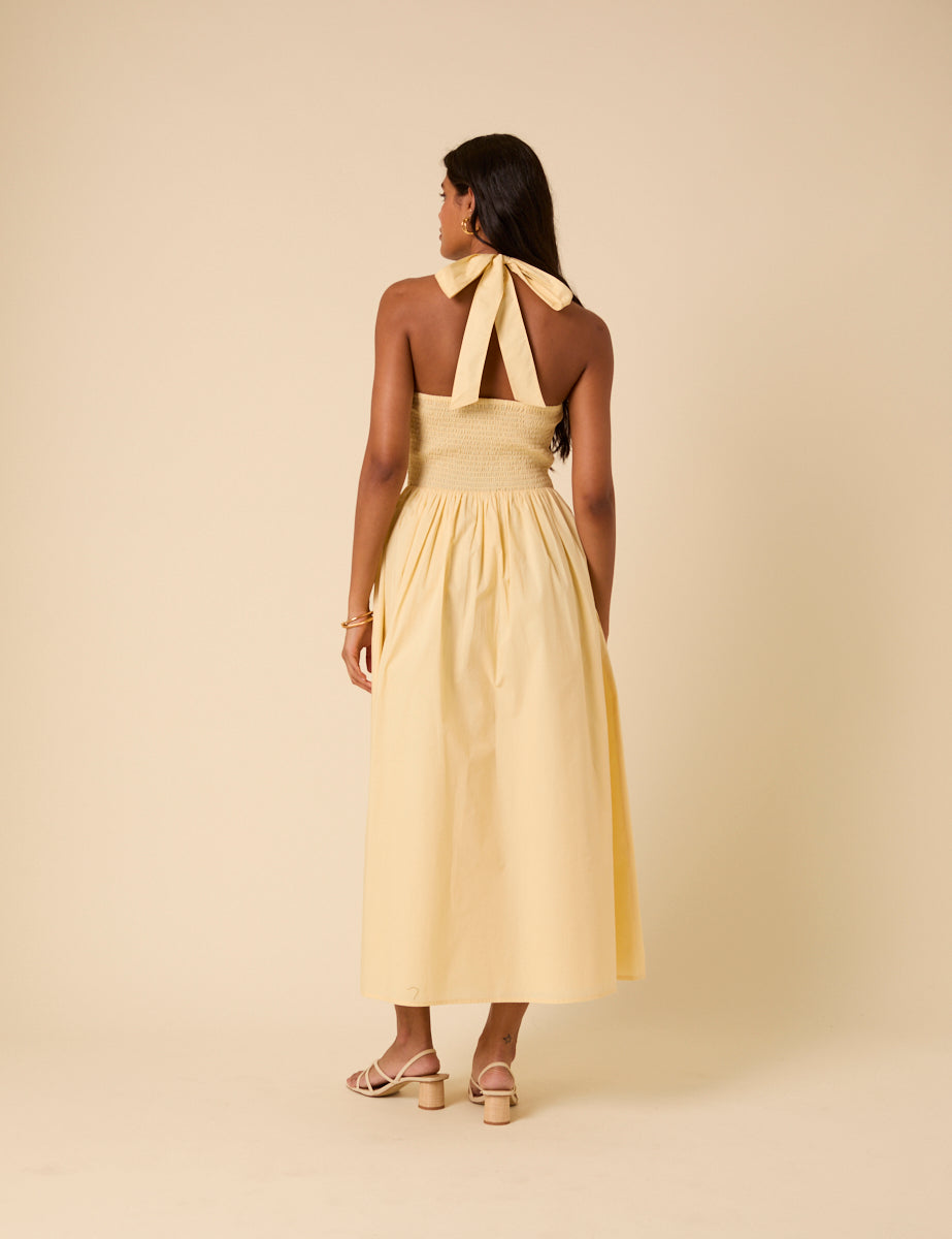 Butter Yellow Shirred Halter Neck Tizzy Midi Dress