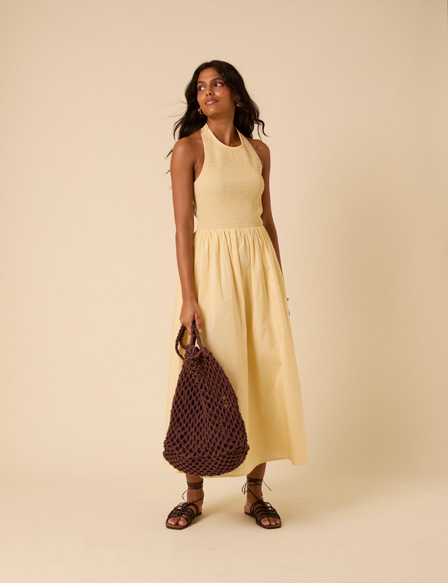 Butter Yellow Shirred Halter Neck Tizzy Midi Dress