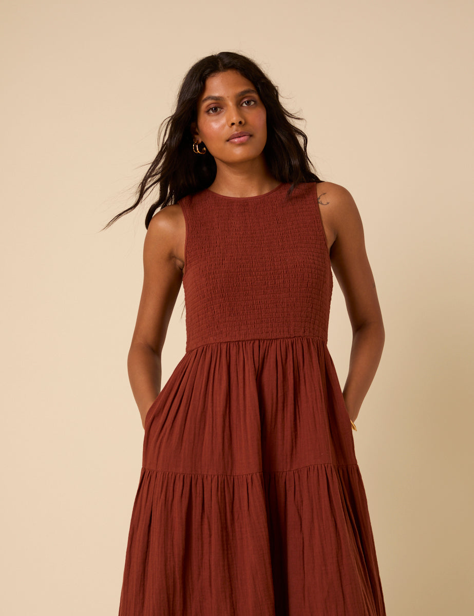 Brown Sleeveless Tiered Charlie Midi Dress