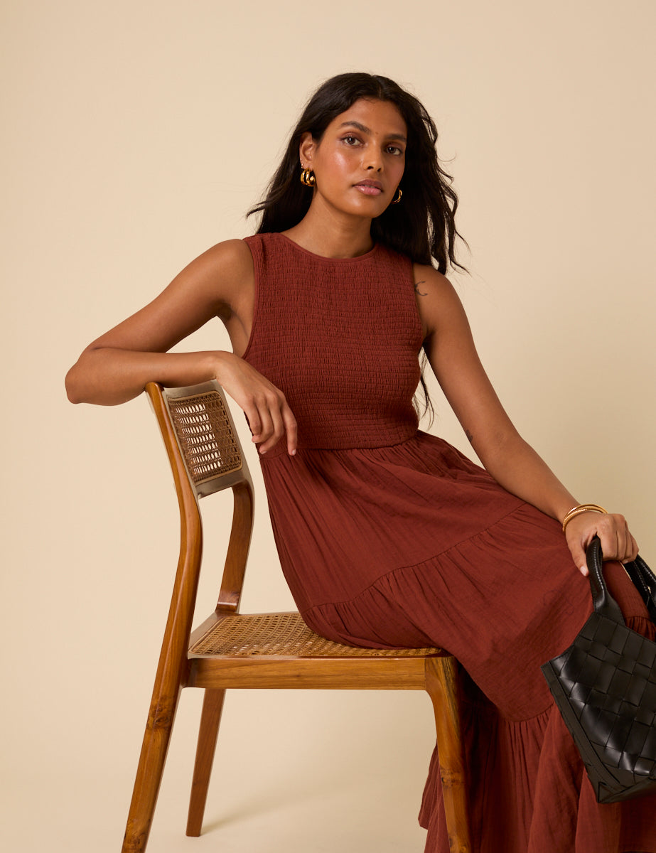 Brown Sleeveless Tiered Charlie Midi Dress