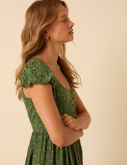 Green Ditsy Floral Puff Sleeve Cora Midi Dress