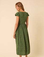 Green Ditsy Floral Puff Sleeve Cora Midi Dress