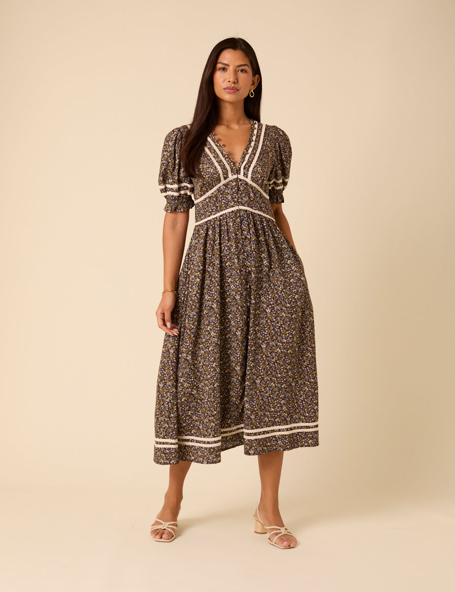 Brown Ditsy Floral Saffy Midi Dress