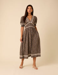 Brown Ditsy Floral Saffy Midi Dress